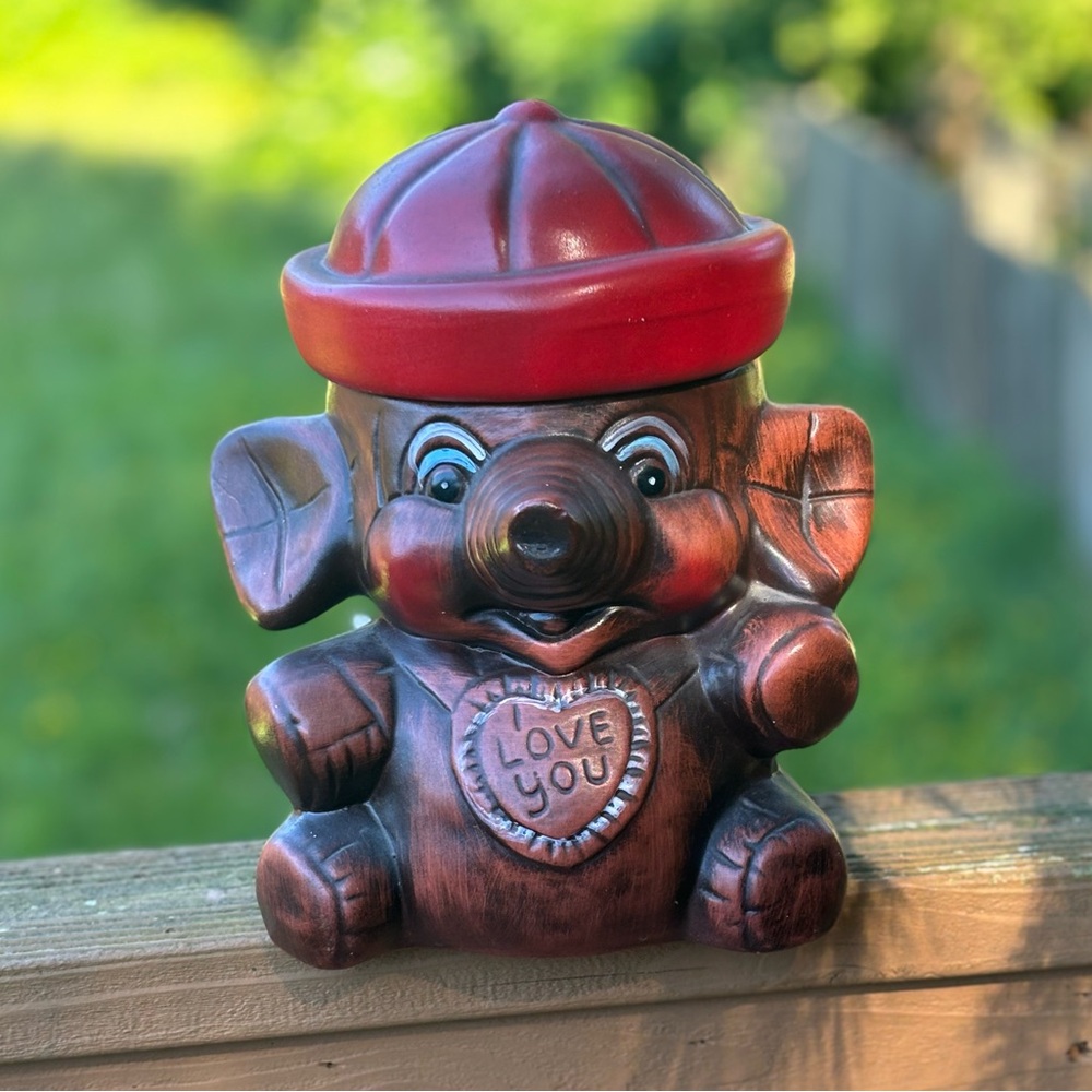 Vintage Baby Elephant Cookie Jar “I Love You” Pottery